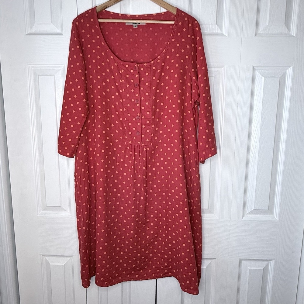 FLAX 100% Linen Dress M Red Polka Dot Tunic 3/4 Sleeve Pockets Lagenlook Boho‎